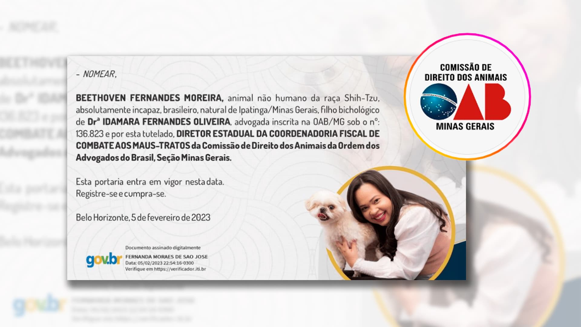OAB nomeia cachorro para ser Diretor de Coordenadoria contra maus-tratos animais